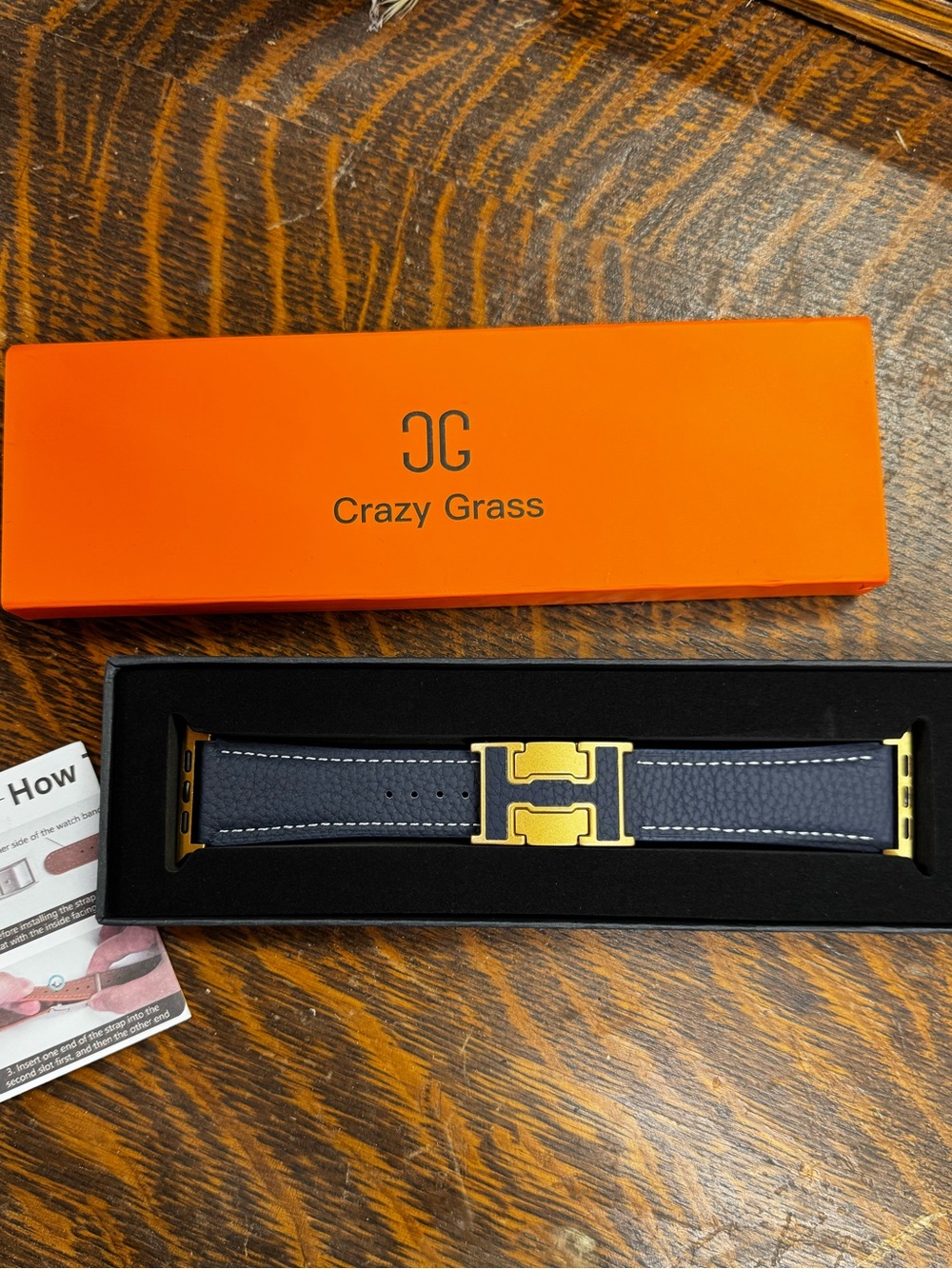 Crazy Grass Navy Leather Watch Band with Gold Hardware Apple